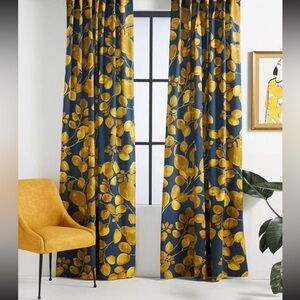 Anthropologie Gold and Blue Botanical Curtains